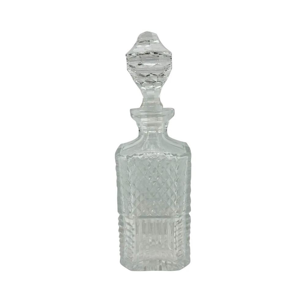 Vintage Lead Crystal Square Decanter with Diamond Cut Design Faceted Stopper